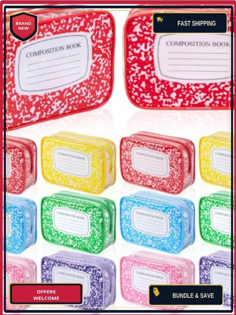 Set of 12 Waterproof PVC Cosmetic Bags Composition Notebook Design Zipper Pouch